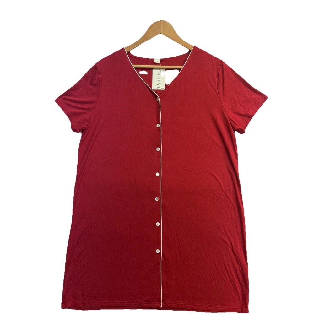 SWOMOG Women's Red NWT Button Front Nightgown Sleep Shirt Size‎ L Pajama